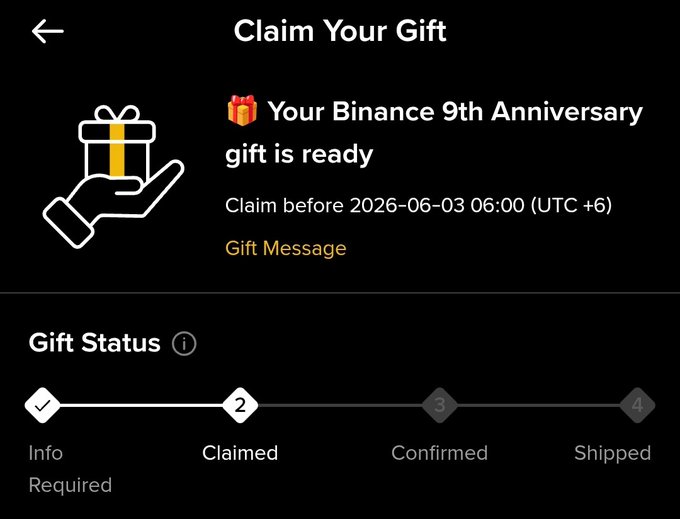 The image shows a message from Binance congratulating users on their 9th anniversary with a gift. The text reads "Claim Your Gift", which implies that the user has claimed their gift. The gifting process is currently underway, as indicated by the "Confirmed" and "Shipped" labels in the image. The post also mentions that the swag gift will be arriving soon, suggesting that it's a special occasion for Binance users to celebrate their 9th anniversary with a unique and thoughtful present.