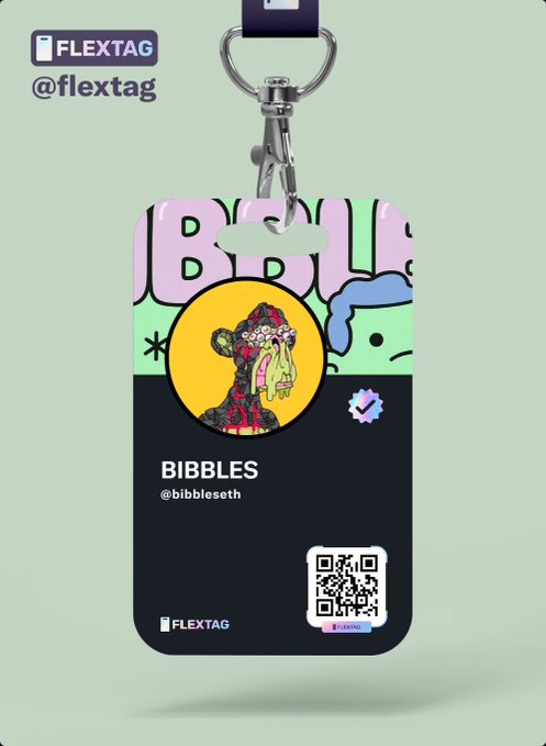 A FLEXTAG NFC card holder displaying a cartoon zombie character named 'BIBBLES' with the handle '@bibbleseth' and a QR code, branded with 'FLEXTAG @flextag'.