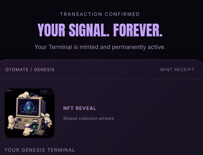 The image shows a transaction confirmation screen from Otomate/Genesis displaying "TRANSACTION CONFIRMED" with the headline "YOUR SIGNAL. FOREVER." and "Your Terminal is minted and permanently active." It features an NFT reveal thumbnail of a retro computer terminal with ghost-like figures, labeled "Shared collection artwork" and "YOUR GENESIS TERMINAL," confirming the successful mint of the Otomate Trade terminal mentioned in the post.
