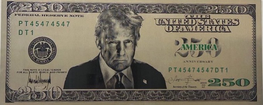 The image features a portrait of former US President Donald Trump, painted on a banknote. The note has the text "25 United States dollars" printed on it, suggesting that this artwork could be selling for 25 US dollars. The artist's signature is also visible near the top right corner of the bill.