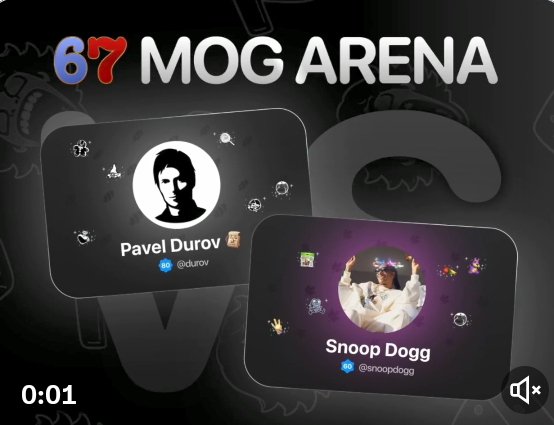 A promotional graphic for the "67 MOG ARENA" features profile cards for Pavel Durov (@durov) and Snoop Dogg (@snoopdogg), showcasing the new MOG2EARN feature inside the SixSeven Telegram Mini App.