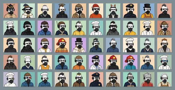 The image features a grid of black and white portraits of people wearing masks with various accessories such as hats or headbands, giving them unique appearances. The portraits are arranged in rows and columns, creating an organized layout that resembles a poster-like design. The masks on their faces add an element of mystery to the overall composition. The post appears to be about NFTs (Notionalfts) created by a Japanese team using ethereum, which is related to the image as it showcases a collection of unique portraits with distinct characteristics and stories behind them.