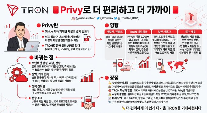 A Korean-language infographic comparing TRON and Privy, detailing their features, advantages, disadvantages, competition, and conclusion regarding web3 user convenience.