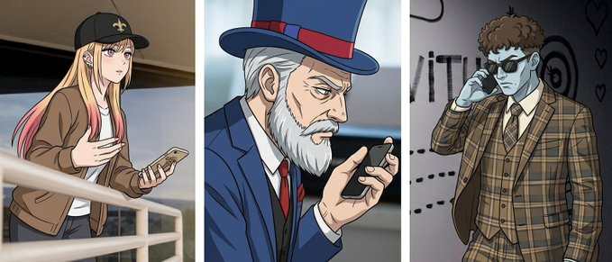 A triptych of anime-style illustrations shows: (left) a young blonde woman with a black cross cap holding cash, (center) Uncle Sam in his top hat intently examining a smartphone, and (right) a curly-haired man in a plaid suit and sunglasses talking on a phone—visually depicting the team "working hard" behind the scenes to maximize tokenholder value.