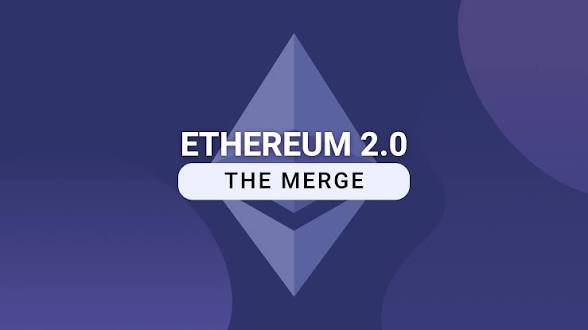A purple and blue graphic displaying the Ethereum logo and text reading "ETHEREUM 2.0" above a white pill-shaped banner stating "THE MERGE".