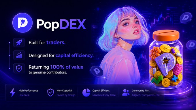 A promotional graphic for 'PopDEX' featuring an anime-style woman and a jar of tokens, highlighting features: 'Built for traders,' 'Designed for capital efficiency,' 'Returning 100% of value,' with tags 'High Performance,' 'Non-Custodial,' 'Capital Efficient,' 'Community First.'