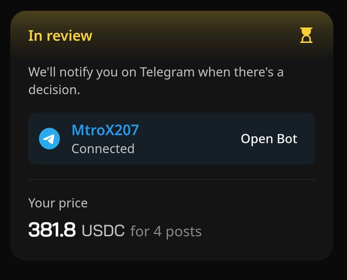 In the image, there's an open message box with several text fields such as "In Review", "We'll notify you on Telgrapam when there's a decision.", "Mtroxx7 @ $382 for 4 posts", "$1.8 USDC for 4 posts". The main focus of this image is the post that has been applied to, which appears to be about connecting to Mtroxx7 at a price of $382 for four posts on Twitter. The caption provided in the post is related to this particular application and might give more details or instructions about how to connect to the account or what needs to be done next after applying the code into the message box.