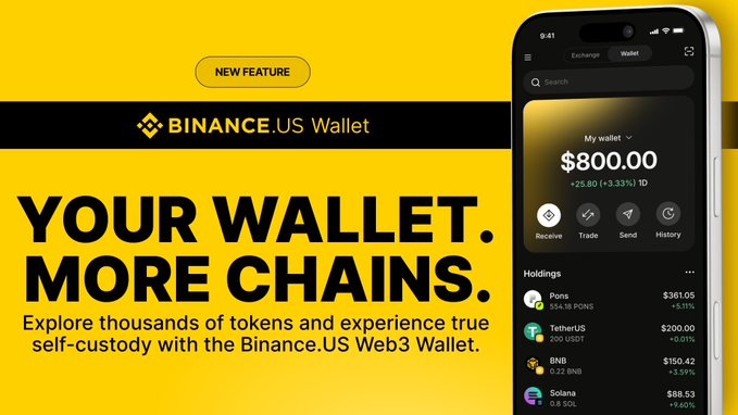An advertisement for Binance.US Wallet featuring the text 'YOUR WALLET. MORE CHAINS.' and showing a mobile app screen displaying an $800.00 balance with holdings including PONS, TetherUS, BNB, and Solana.