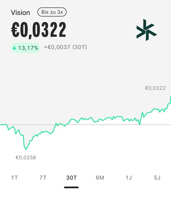 The image shows a financial chart from Bitpanda displaying the price of "Vision" (VSN) at €0.0322, with a 13.17% increase (€0.0037) over a 30-day period, illustrating the volatile uptrend that likely caused the user's confusion.