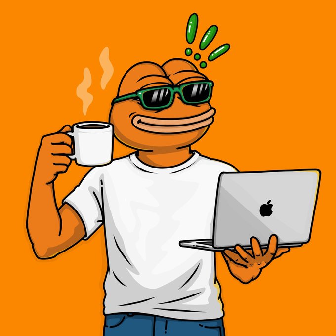 A cartoon illustration of a Pepe the Frog character wearing sunglasses and a white t-shirt, holding a steaming coffee mug in one hand and an Apple MacBook laptop in the other against a bright orange background.