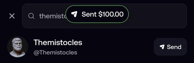 A screenshot showing a $100.00 sent notification to a Twitter user named 'Themistocles' (@Themistocles), whose profile picture is a classical bust sculpture.