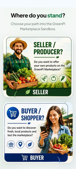 A 'GreenPi' Marketplace graphic asking 'Where do you stand?' with options for 'Seller/Producer' and 'Buyer/Shopper' using images of people with fresh produce.