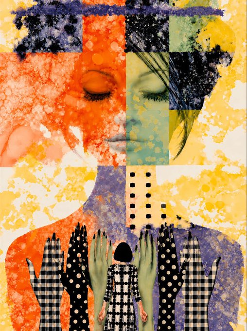 A surreal collage featuring a woman's face overlaid with colorful geometric patches in orange, yellow, and blue, with multiple hands (some in checkered and polka dot patterns) raised behind a small figure in a checkered dress.