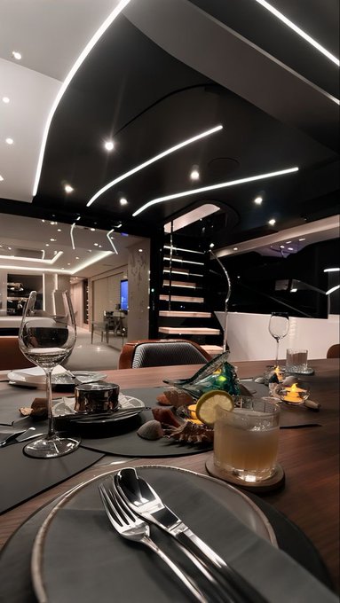 An elegant fine-dining restaurant setting with a beautifully plated dish featuring seafood and lemon, set on a table with wine glasses and silverware, under modern curved ceiling lighting with a spiral staircase in the background.