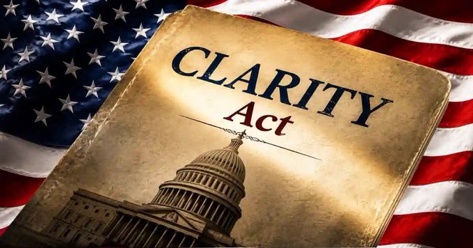 A weathered book titled "CLARITY Act" featuring the U.S. Capitol building rests against an American flag backdrop, symbolizing the upcoming September 15 vote that requires bipartisan support to pass the legislation.

【Breaking News】 Voting on the CLARITY Act to begin on September 15. If all 53 Republicans vote in favor, securing 7 votes from Democrats will pass it. Let's get it passed.