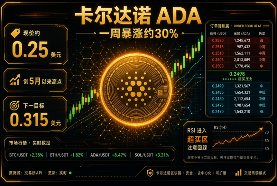 A dashboard displaying price data for the cryptocurrency Cardano (ADA), with Chinese text showing a price of '0.25 美元', a target of '0.315 美元', and the title '卡尔达诺 ADA'.