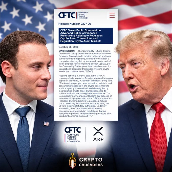 A graphic showing two men on either side of a CFTC press release titled 'CFTC Seeks Public Comment on Advanced Notice of Proposed Rulemaking Relating to Regulation Crypto Asset Transactions', with XRP and Crypto Crusaders logos at the bottom.