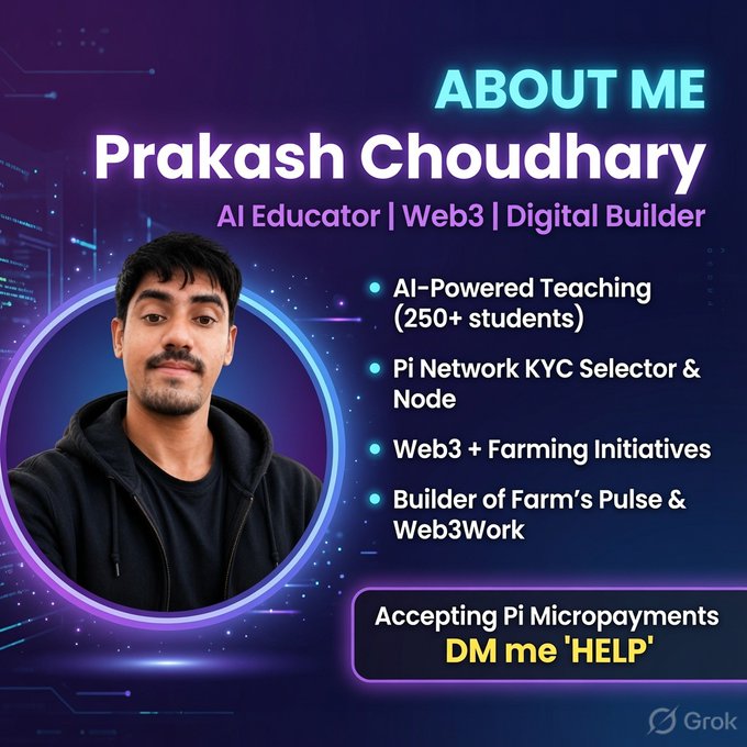 An 'About Me' profile card for Prakash Choudhary, an AI Educator and Web3 Digital Builder, listing credentials like AI-Powered Teaching and Pi Network KYC Selector.