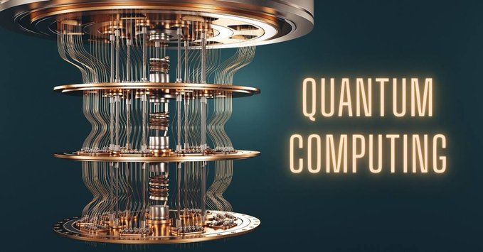 A 3D render of an ornate quantum computing device with golden tiers and intricate wiring, accompanied by glowing text reading 'QUANTUM COMPUTING' against a dark teal background.