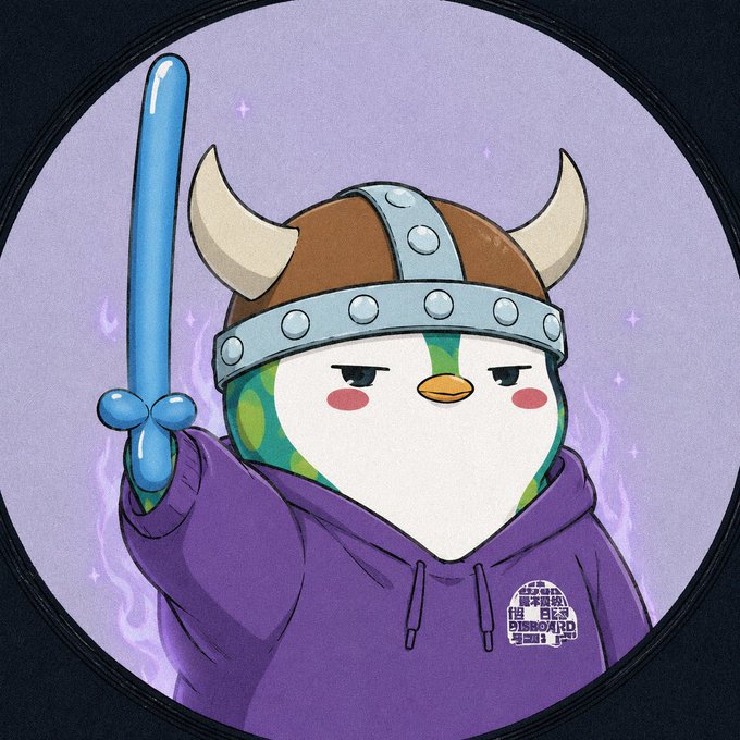 Digital illustration of a penguin-like character wearing a Viking horned helmet and purple hoodie, holding up a blue sword against a sparkly purple background, with text "UBUNTU BLOCK BOARD" visible on the hoodie.