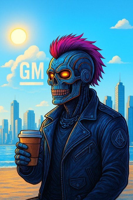 A digital illustration of a blue-skinned cyborg with a pink mohawk, glowing orange eyes, and a leather jacket holding a coffee cup, with 'GM' displayed against a city skyline at sunrise.