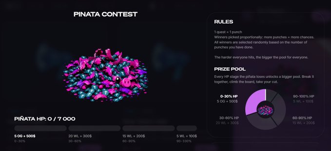 The image shows a purple and pink piñata filled with candy, placed against a dark background. The text "Pitata Contest" is displayed at the top of the image, indicating that this is an event or competition related to the piñata. The post also mentions that there are prizes available for those who participate in the contest, which includes a prize pool and a list of rules.