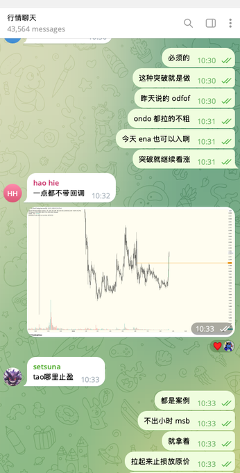 A screenshot of a Telegram chat in Chinese discussing cryptocurrency trading, including references to 'ondo' and 'msb', along with a price chart.