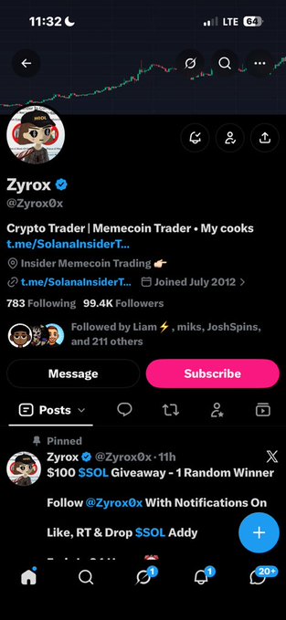 A Twitter/X profile screenshot for 'Zyrox' (@Zyrox0x), described as a 'Crypto Trader | Memecoin Trader', featuring a pinned post about a '$100 $SOL Giveaway'.