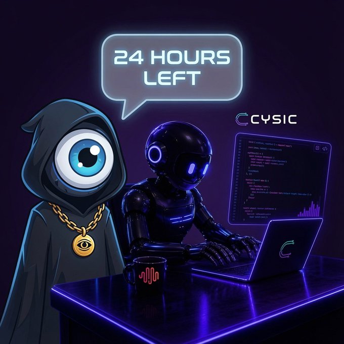 The image features two robots, one wearing a hoodie with an eye patch and another robot sitting at a desk using a laptop computer. The background of the image is dark purple, creating a mysterious atmosphere. A speech bubble containing text appears above the robots' heads, announcing that there are 24 hours left to submit their projects on the Cystic arena website.