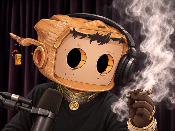 An illustrated character with a wooden box-like head wearing headphones, smoking a cigar next to a microphone against a dark curtain backdrop.