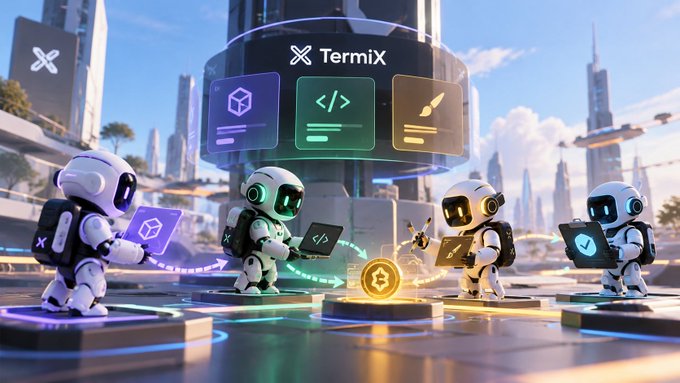 A futuristic 3D rendering of small white robots holding various digital icons, with the 'Termix' logo displayed on a circular structure in a sci-fi cityscape.