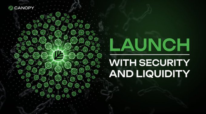 A promotional graphic with the Canopy logo featuring a network of green nodes, with the text 'LAUNCH WITH SECURITY AND LIQUIDITY'.