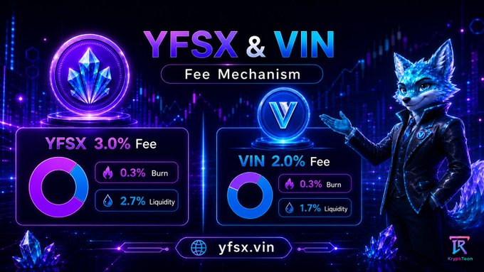 The image illustrates the YFSX & VIN Fee Mechanism, showing a 3% fee for $YFSX (0.3% Burn, 2.7% Liquidity) and a 2% fee for $VIN (0.3% Burn, 1.7% Liquidity), with a futuristic fox mascot and the website yfsx.vin—directly visualizing the post's explanation of how the fee structure functions as an automated liquidity system built into token transactions.