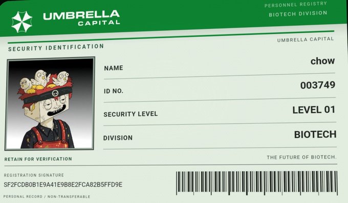 An "UMBRELLA CAPITAL" security identification card featuring a cartoon character with mushroom-like growths on his head, with the name "chow", ID number "003749", and security level "LEVEL 01" in the Biotech Division.