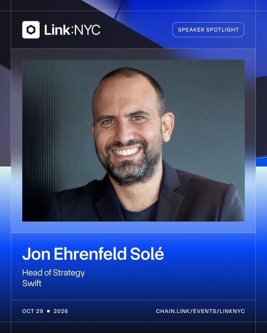 A Speaker Spotlight promotional graphic for Link:NYC featuring a headshot of Jon Ehrenfeld Solé, Head of Strategy at Swift, with event details for October 29, 2026.