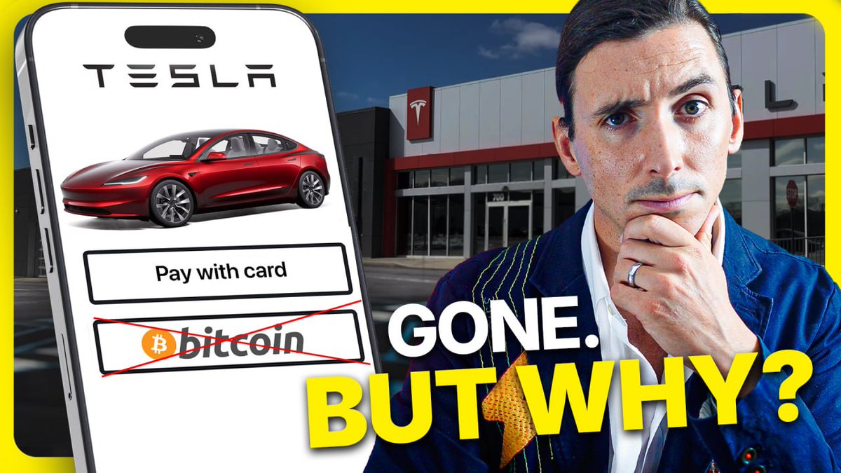 A YouTube-style thumbnail featuring a smartphone displaying a Tesla app interface with the Bitcoin option crossed out, a confused-looking man, the text 'GONE. BUT WHY?', and a Tesla dealership in the background.