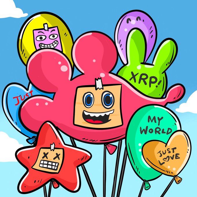 A colorful cartoon illustration featuring various balloons shaped like characters and objects, with labels including 'XRP', 'JUST', 'MY WORLD', and 'JUST LOVE' against a blue sky with clouds.