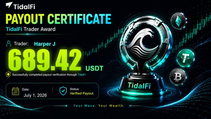 TidalFi payout certificate awarding Trader Harper J a verified payout of 689.42 USDT dated July 1, 2026, featuring a glowing trophy and cryptocurrency coin graphics.
