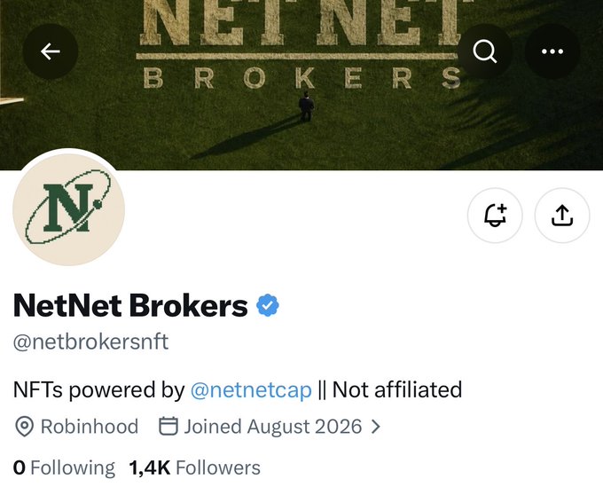The image shows the Twitter/X profile of **NetNet Brokers** (@netbrokersnft), a verified NFT account with 1.4K followers based in Robinhood, joined August 2026, featuring a dark banner with the "NETNET BROKERS" logo and a circular green "N" profile icon.

This profile relates to the post by advertising a locked airdrop of 7,777 NetNet Brokers NFTs tied to the $NET token, promoting the collection for OrdinalsHub and its NFT progression system.