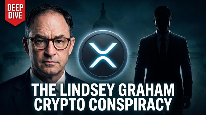 This image is a YouTube thumbnail featuring a stern-faced man in glasses (presumably representing Senator Lindsey Graham) alongside a silhouetted figure, set against the U.S. Capitol backdrop with the XRP logo glowing in the center. It also includes a "DEEP DIVE" badge in the top-left corner and bold white text reading "THE LINDSEY GRAHAM CRYPTO CONSPIRACY," tying together claims in the video about XRP gaining a Forbes ranking while addressing political/regulatory issues involving cryptocurrency.