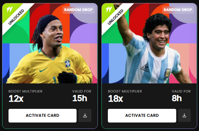The image shows two unlocked "Random Drop" Super Cards featuring Ronaldinho (12x boost multiplier, valid for 15h) and Maradona (18x boost multiplier, valid for 8h), each with an "Activate Card" button, illustrating the temporary multiplier rewards traders can unlock during the FIFA 2026 Volume Cup competition.
