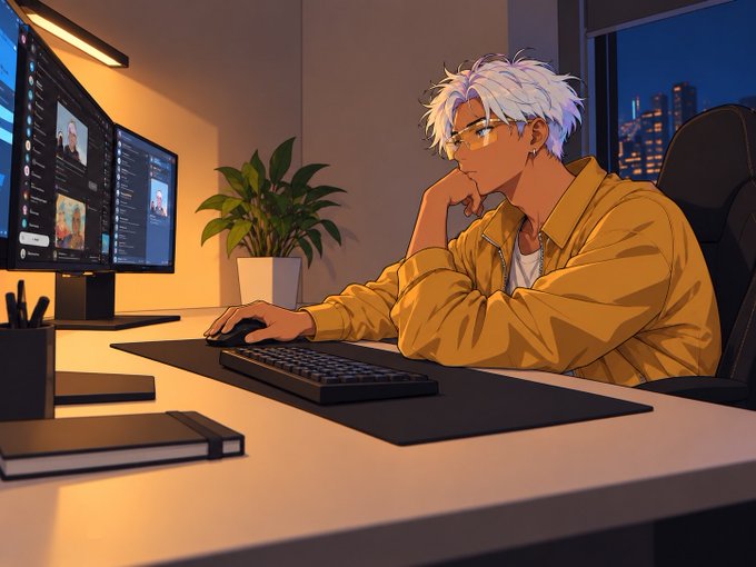 An anime-style character with silver hair sits at a desk working late into the night with dual monitors displaying code and interfaces, a keyboard, mouse, and a potted plant nearby, with a city skyline visible through the window. The cozy, focused workspace scene complements the "GM happy Sunday" post by evoking a sense of dedication to projects and weekend productivity in the crypto or tech space.