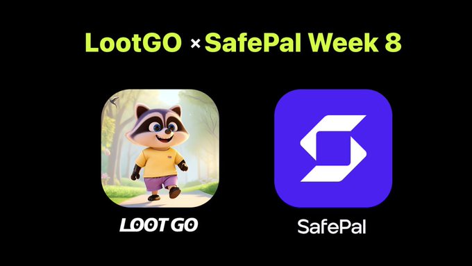The image features a cartoon raccoon wearing a yellow shirt, walking down a path with a caption that reads "LootGO x SafePal - Week 8 Live!". The caption also mentions that there are two apps being compared, one for each. The first app is called "LootGo" and the second app is named "SafePal". The image includes text about the post's content, which highlights the comparison between these two apps.
