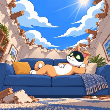 An orange and white cat lounges on a blue couch in a living room with a hole blown open in the roof to a sunny sky, paired with the caption "good boys paired to good stocks $AI $INU." The relaxed, happy cat with green heart-shaped sunglasses serves as a playful mascot for the upbeat market sentiment toward the stocks.