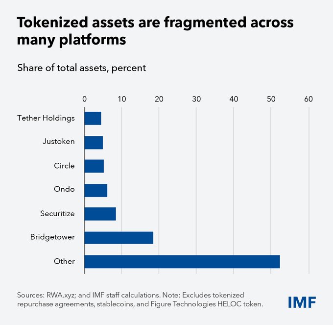 An IMF bar chart titled "Tokenized assets are fragmented across many platforms" showing market share percentages, with Bridgetower at ~20%, Securitize at ~10%, and other smaller platforms each holding roughly 5% or less.