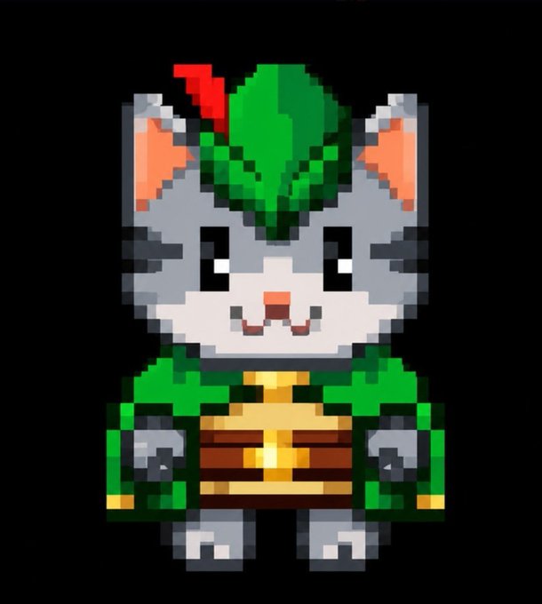 A pixel art illustration of a gray cat character wearing green and gold warrior-style armor on a black background.