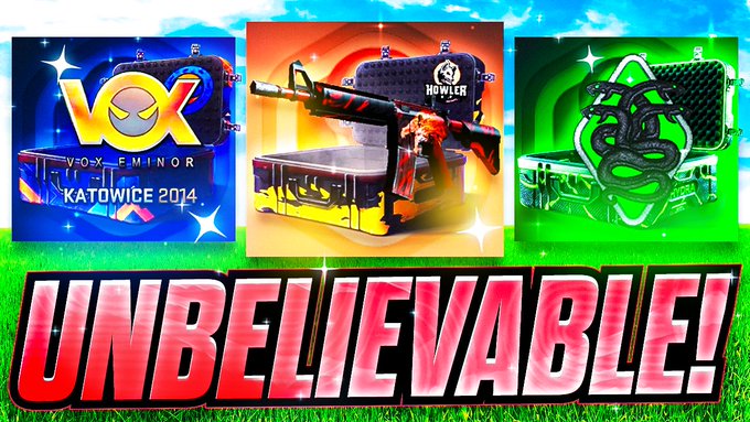 The image is a colorful CS:GO case opening thumbnail featuring Vox Eminor Katowice 2014, Howler, and a snake-themed case with the bold "UNBELIEVABLE!" text, serving as a promotional graphic for a YouTube video tied to a $25 LTC giveaway.