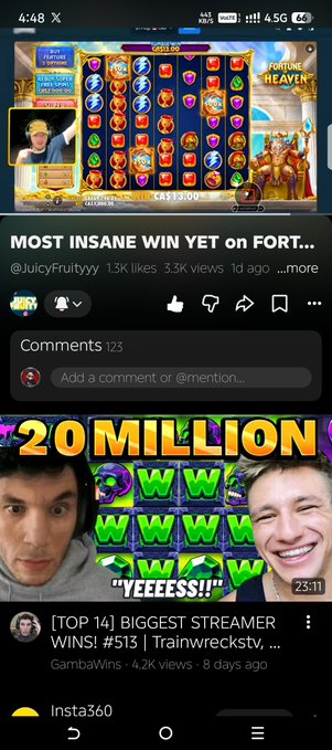 A YouTube Shorts screenshot from @JuicyFruittyy titled "MOST INSANE WIN YET on FORT..." shows a streamer playing a slot game, with a featured video below titled "20 MILLION 'YEEESS!!'" highlighting a Trainwreckstv gambling win.