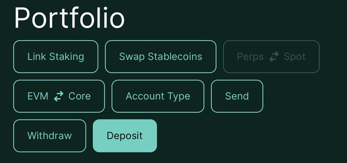 A dark-themed Portfolio dashboard with buttons for Link Staking, Swap Stablecoins, Perps/Spot, EVM/Core, Account Type, Send, Withdraw, and Deposit.