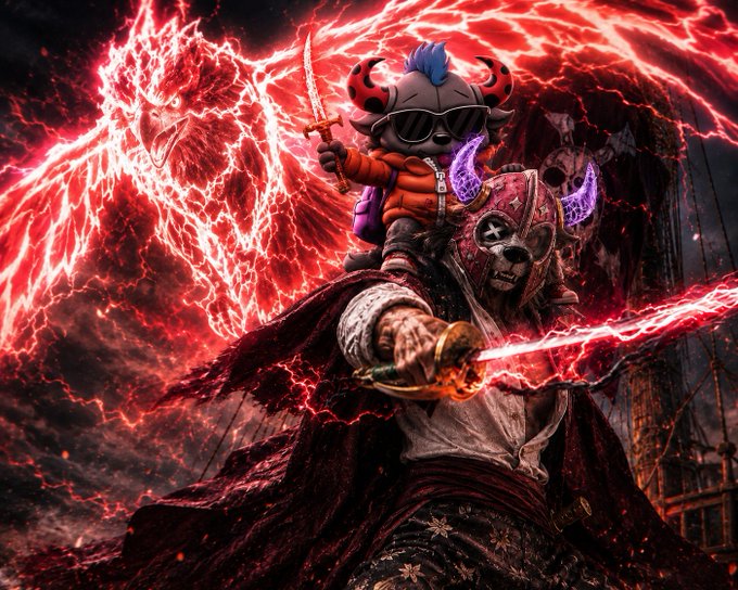 Digital art depicting a menacing pirate with a skull-like face wielding a glowing red sword, with a small cartoon character riding on its shoulder against a dramatic red energy background.